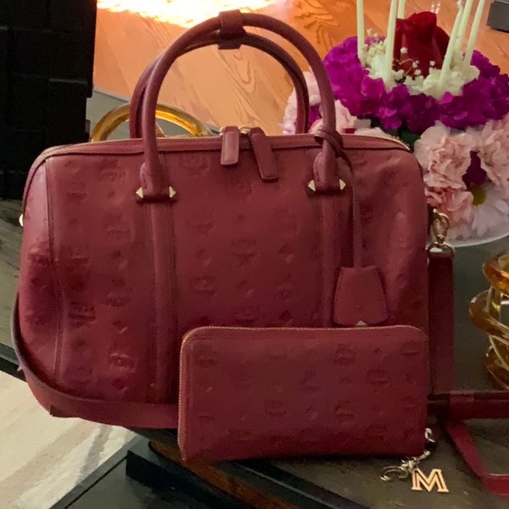MCM Red Boston bag and matching wallet
